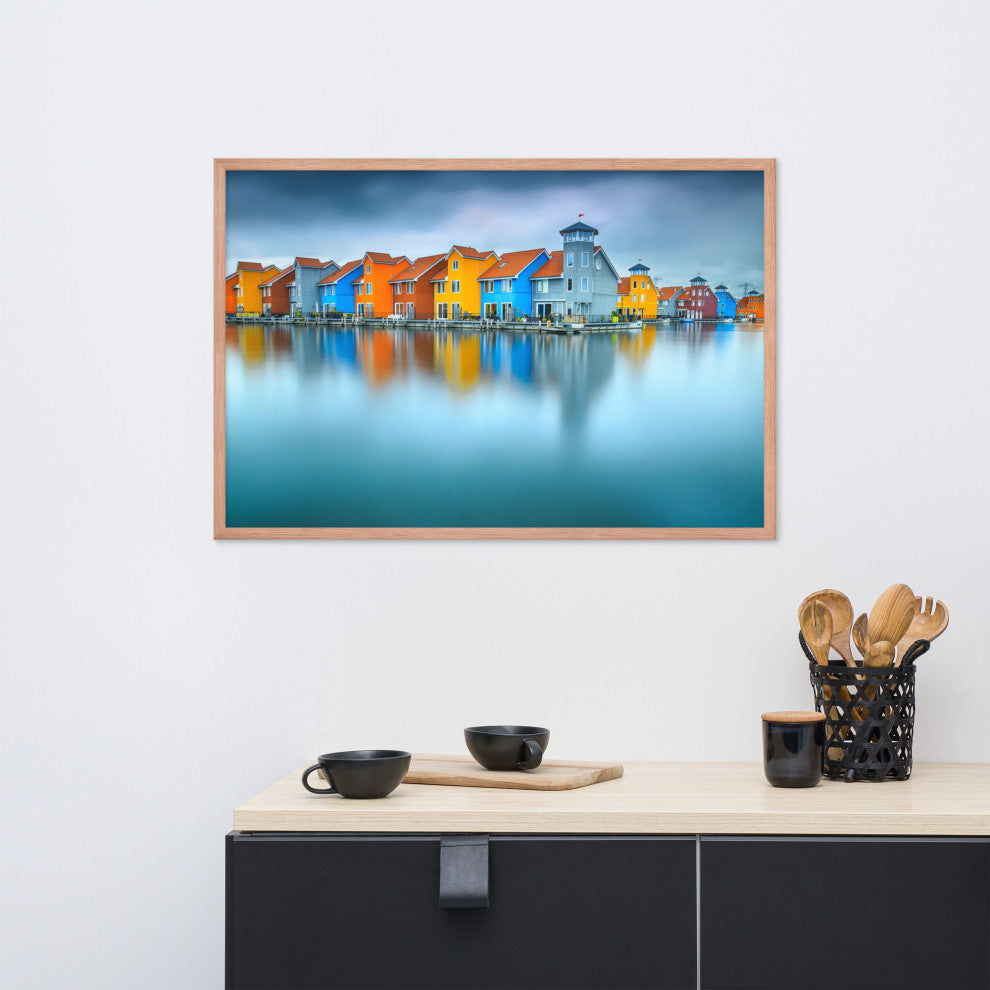 Blue Morning at Waters Edge Landscape Framed Photo Paper Wall Art Prints, Red Oak, 24" X 36"