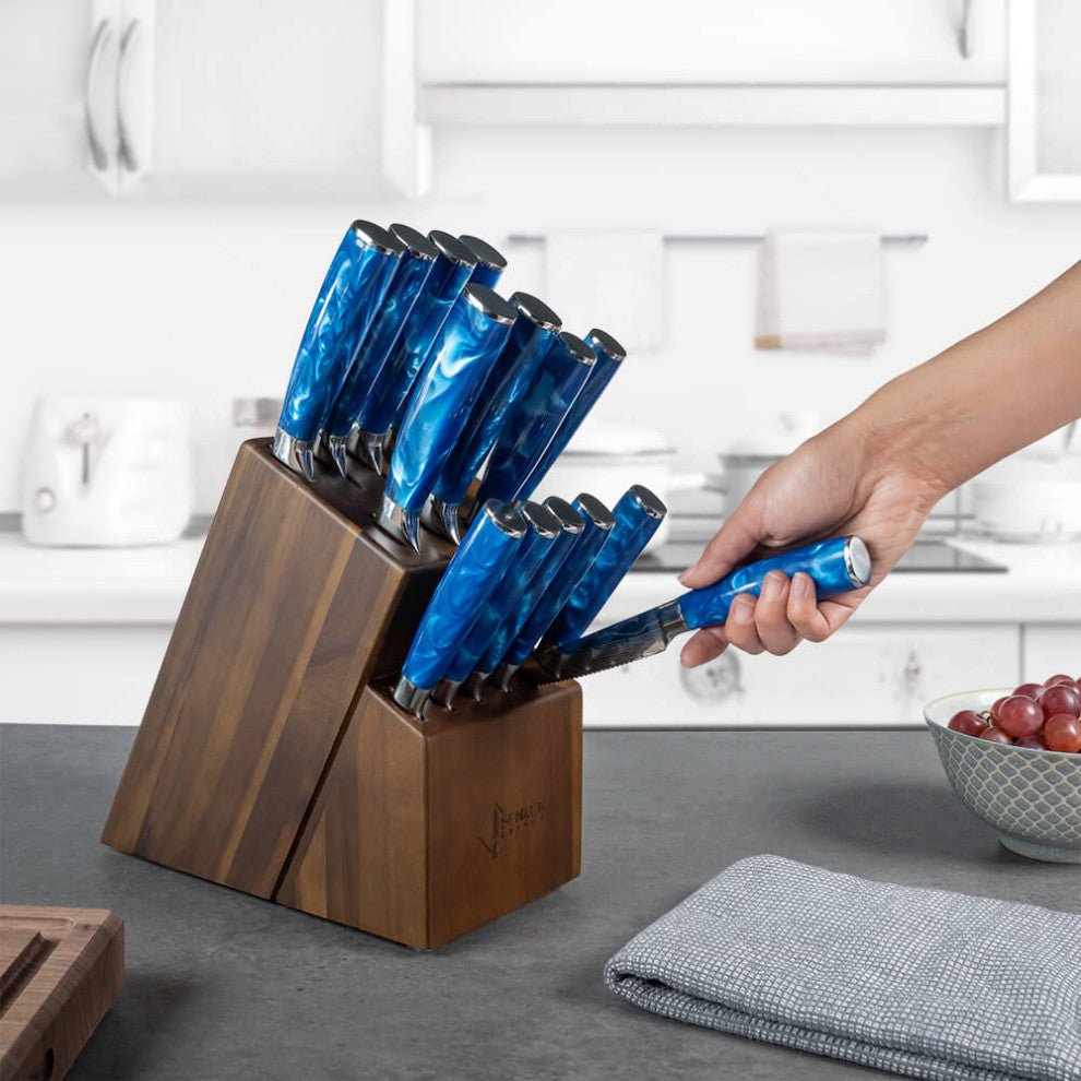 16-Piece Acacia Wood Kitchen Knife Block Set - Blue Resin Handles