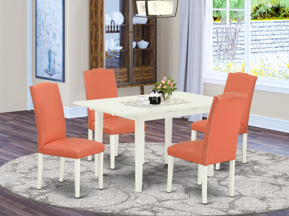 5Pc Rectangle Dinette Set, Chairs, Butterfly Leaf Dining Table, Linen White