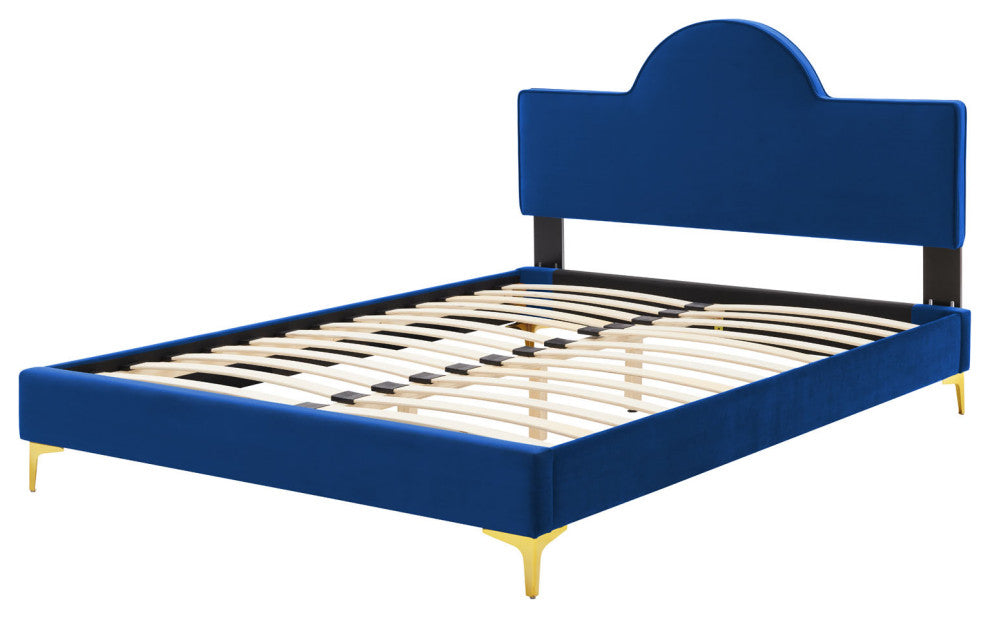 Platform Bed Frame, King Size, Blue Navy, Velvet, Modern, Bedroom Guest Suite