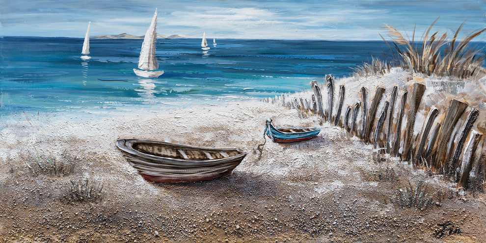 "Boats on the Sand" Hand Painted Canvas Art, 55"x27.5"