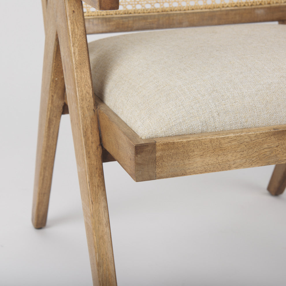 Donna Beige Fabric Seat w/ Light Brown Solid Wood & Cane Accent Chair