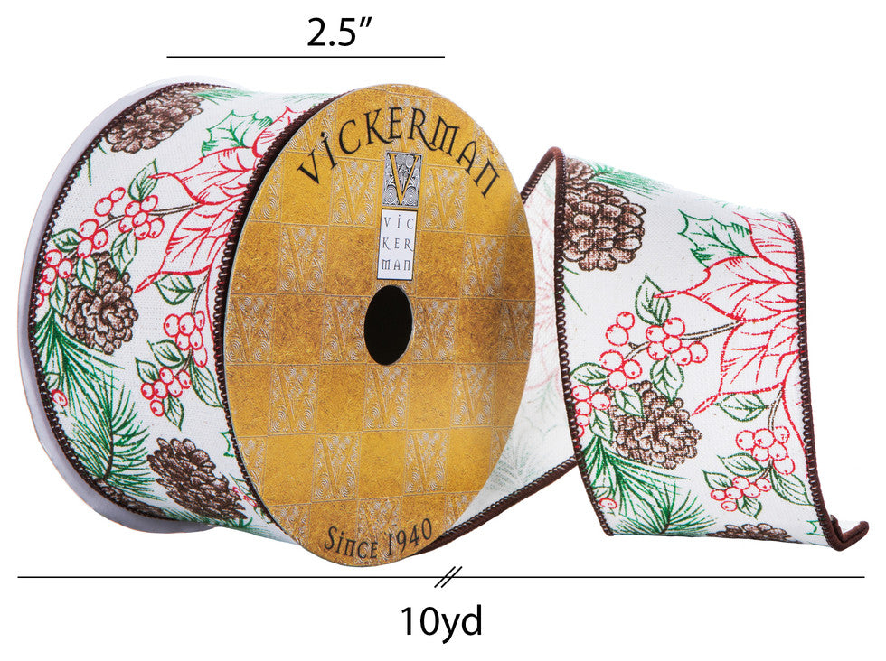 Vickerman Q202748 2.5"X10 Yard Ivory Poinsetta And Pinecone Christmas Ribbon