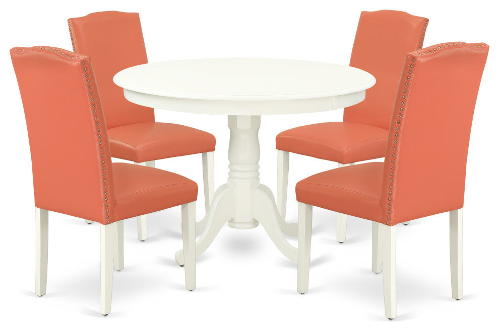 5Pc Round 42" Dinette Table, Four Parson Chair, Pu Leather Color Pink Flamingo
