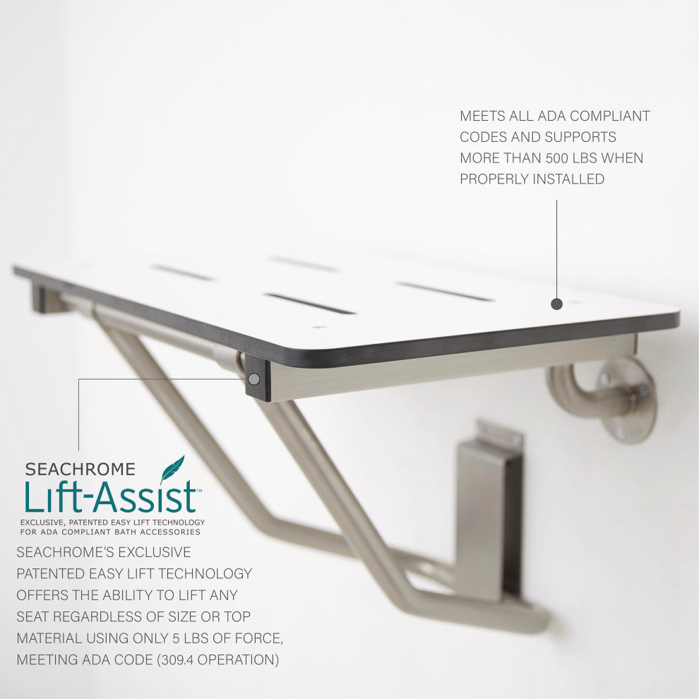 32" x 15" White Folding Wall Mount Shower Seat Bench, ADA Compliant
