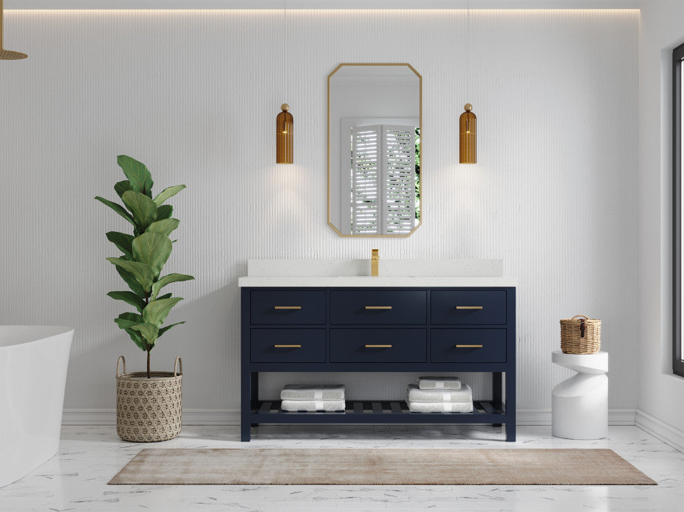 Parker 60 Single Sink Bathroom Vanity in Navy Blue  2" Carrara Quartz