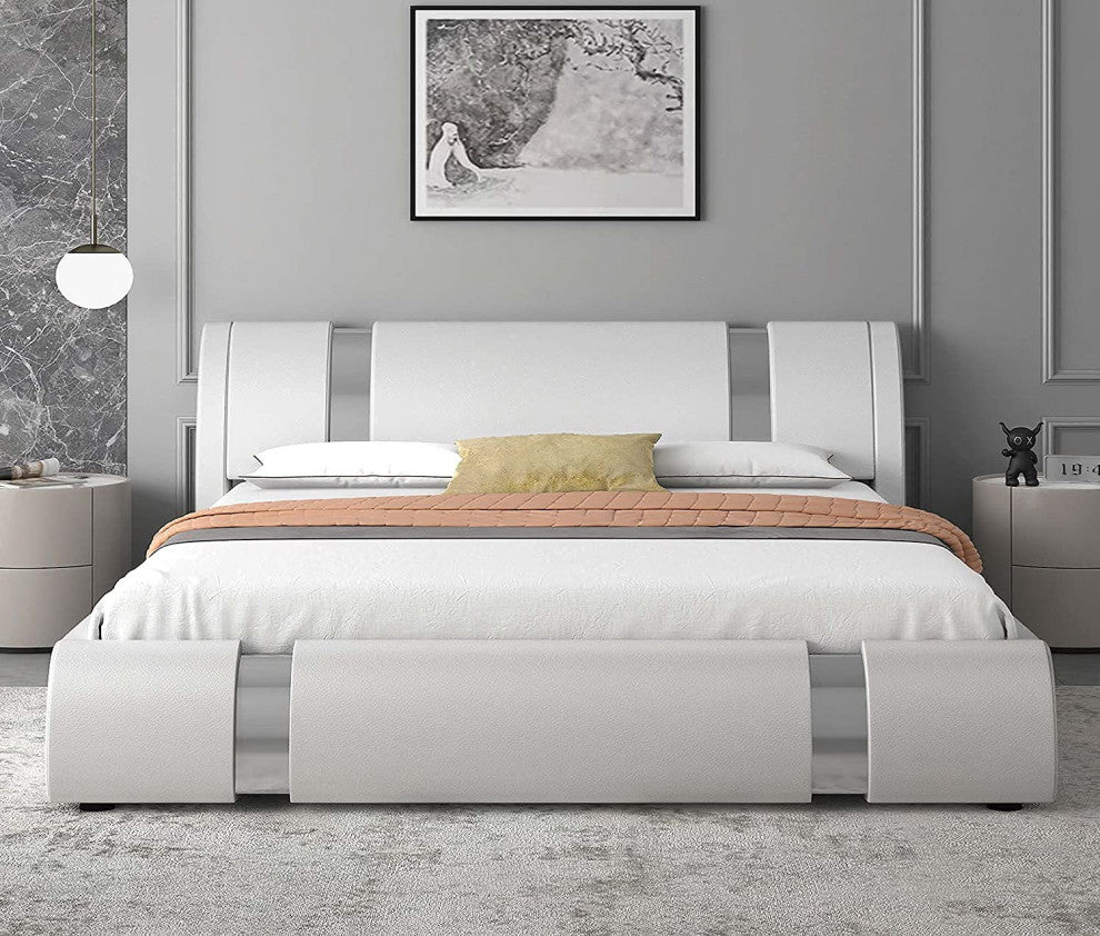 Queen Platform Bed Frame with Iron Pieces Decor and Adjustable Headboard