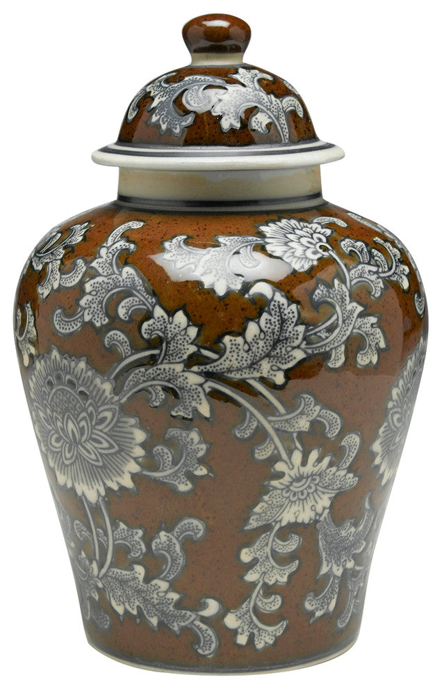 Brown And Gray Floral 10" Ginger Jar