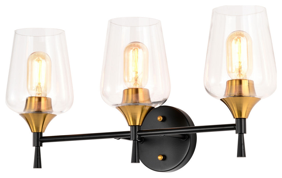 21 in. 3-Light Black and Antique Brass Vanity Light With Clear Wine Glass Shades