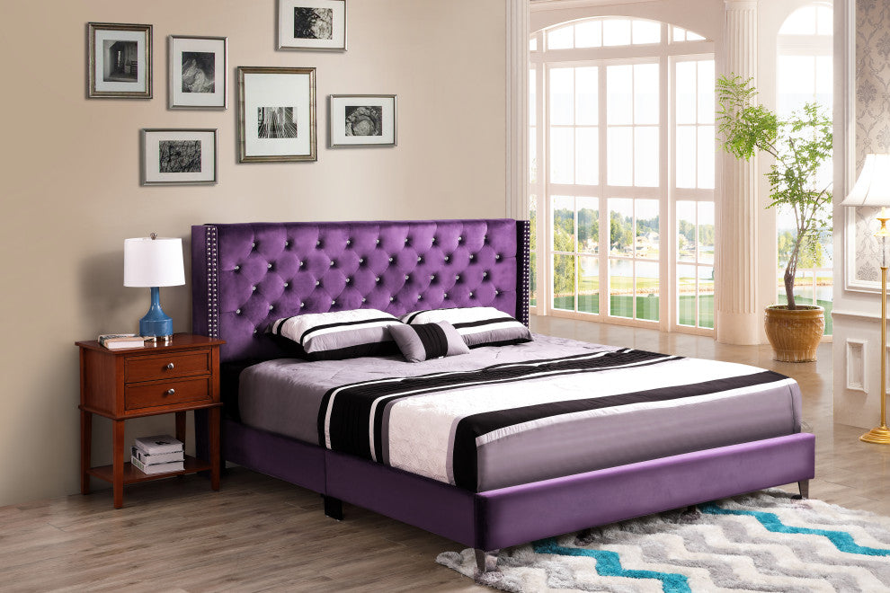 Chester Upholstered Velvet Bed, Purple, King