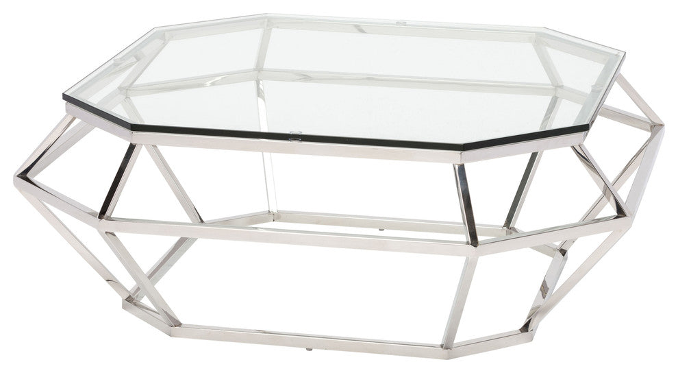 Diamond Square Coffee Table With Clear Tempered Glass, Silver