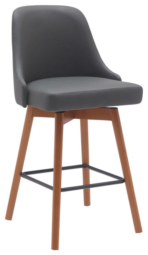 Sicily Swivel Walnut Wood Counter Stool, Gray Faux Leather, 26"