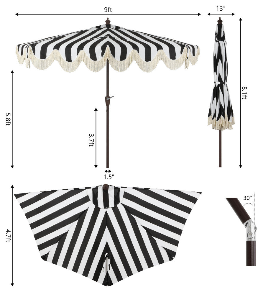 9ft Half Market Umbrella, Scalloped, Crank, Tilt, UV, Black, 108L x 56W x 97H