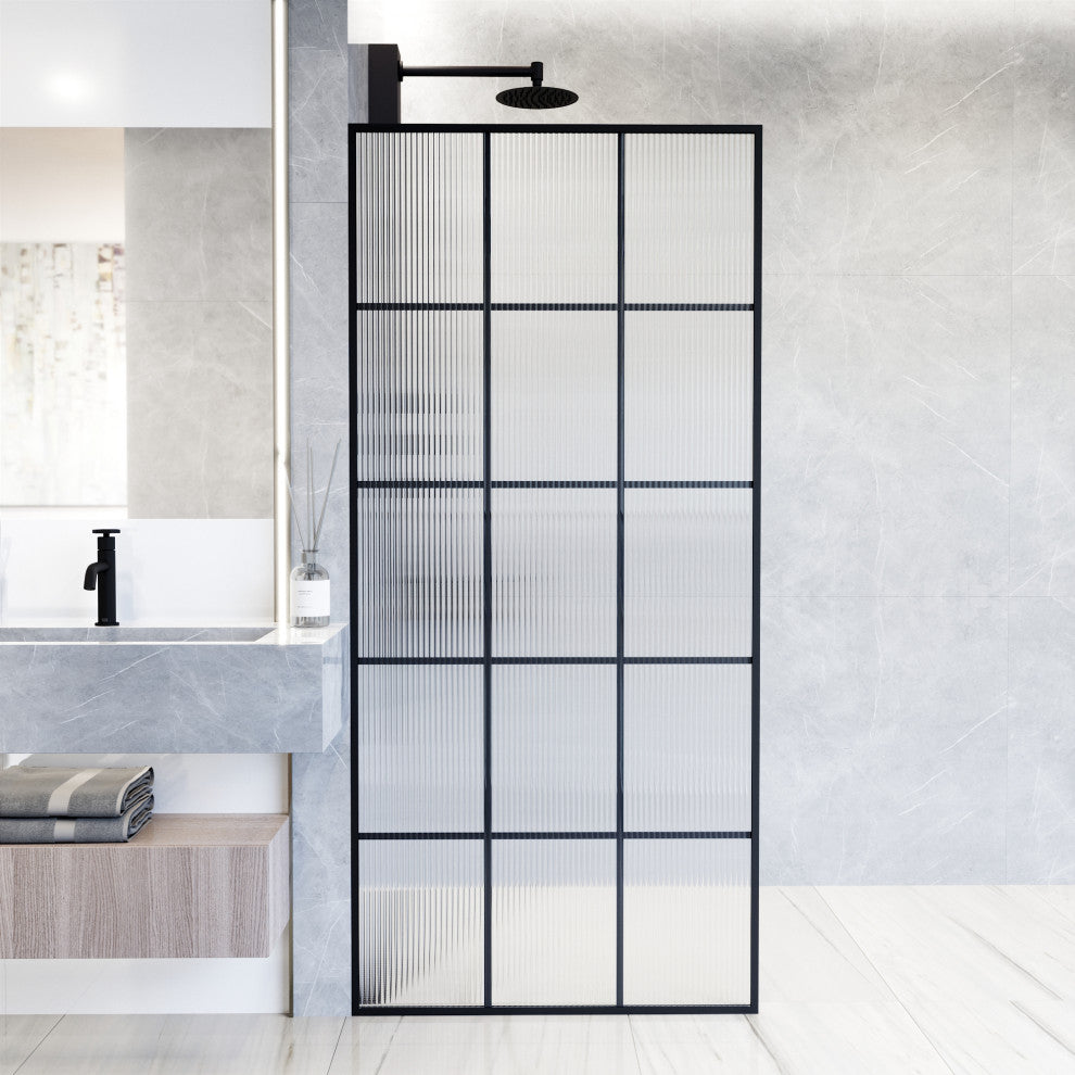 VIGO Mosaic Framed Fixed, Matte Black, Shower Screen, 34" W X 74" H, Fluted Glass