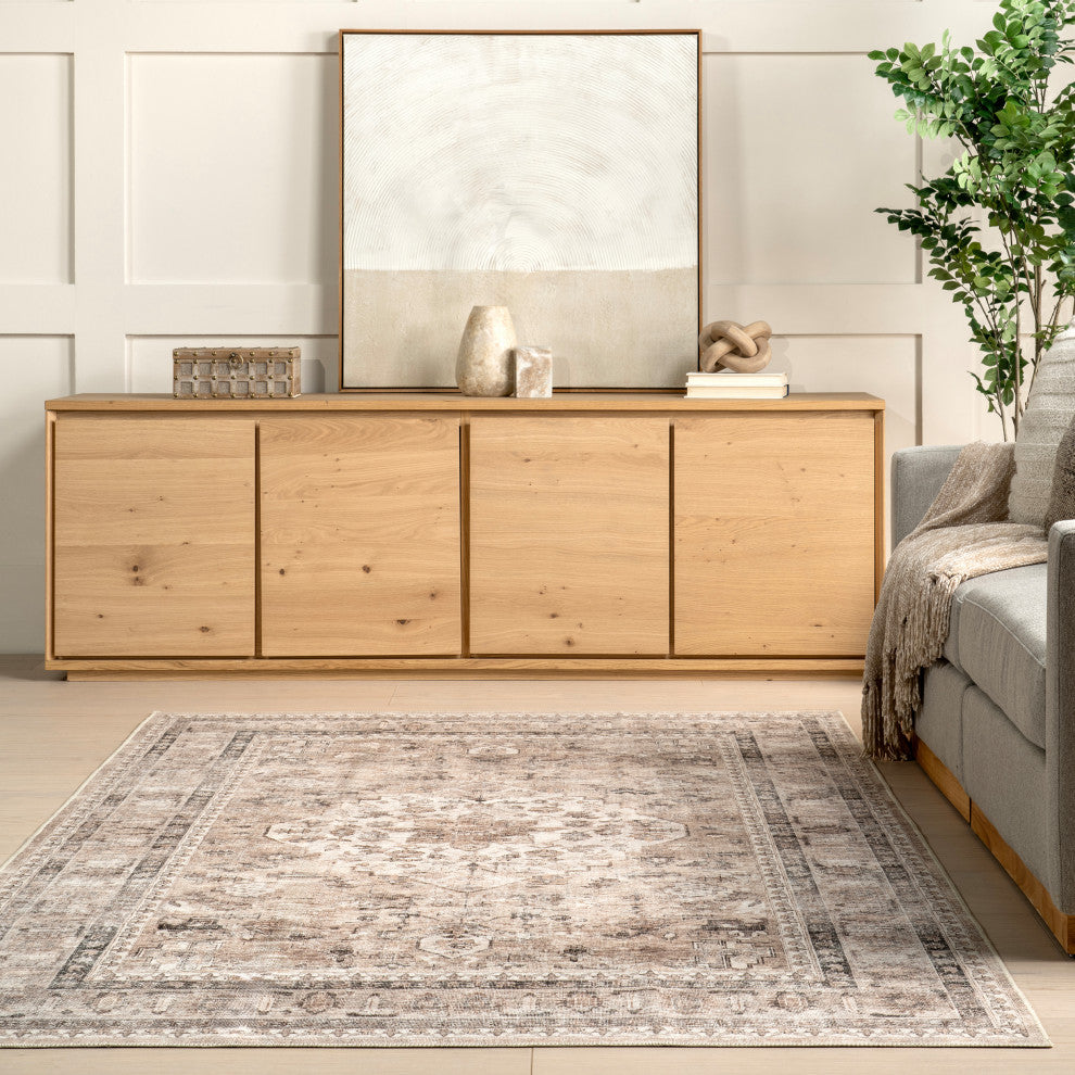 Nuloom Davi Faded Stain-Resistant Machine Washable Area Rug, Stone 4'x6'