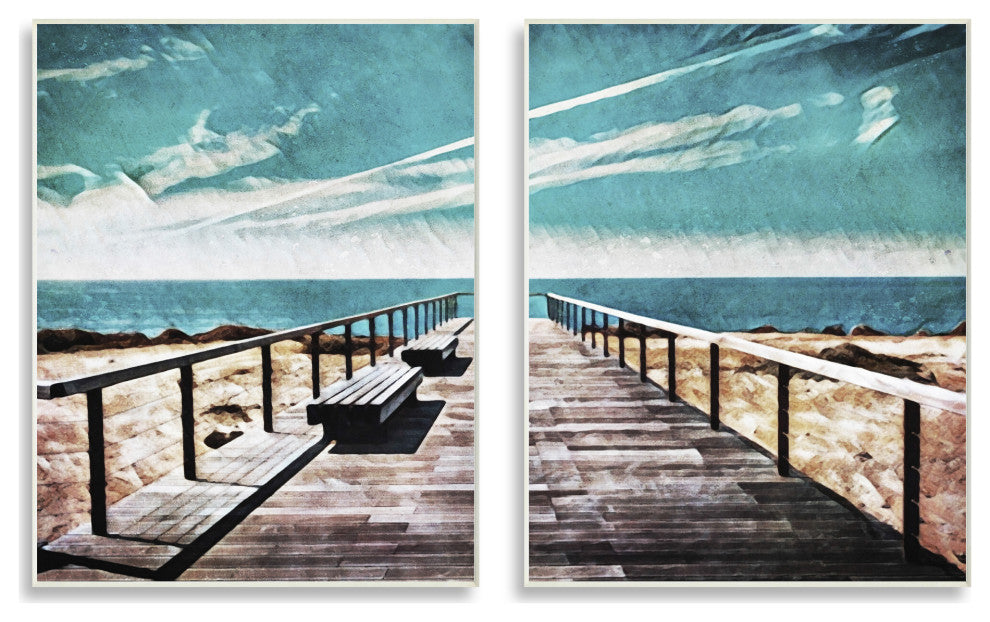 Tranquil Pier Dock Beach Clear Blue Sky Illustration, 2pc, each 10 x 15