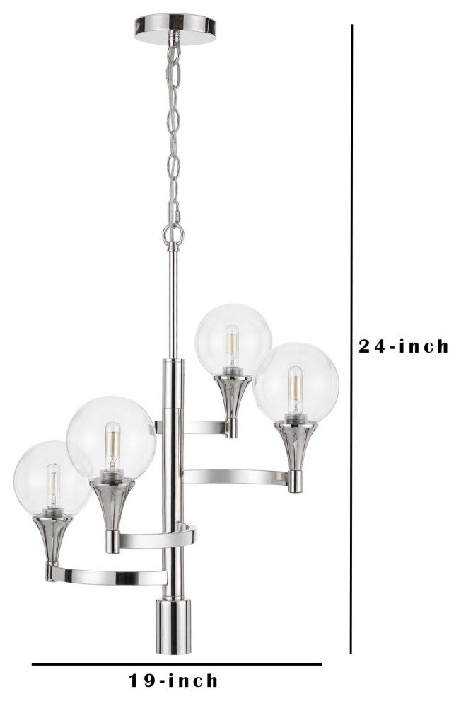 Benzara BM241873 Chandelier, 4 Globe Glass Shades/Cone Design Holders, Chrome
