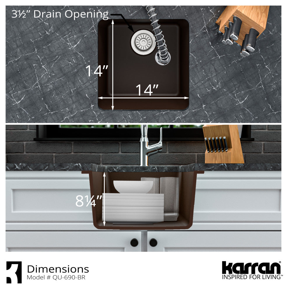 Karran Undermount Quartz Composite 17" Bar Single Bowl Sink, Brown