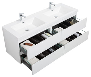 Aurora Wall Mount Vanity, White Acrylic Top, Glossy Polar White, 60" Double