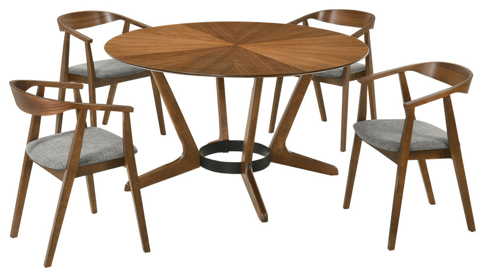 Santana 5-Piece Round Walnut Wood Dining Table Set With Charcoal Fabric