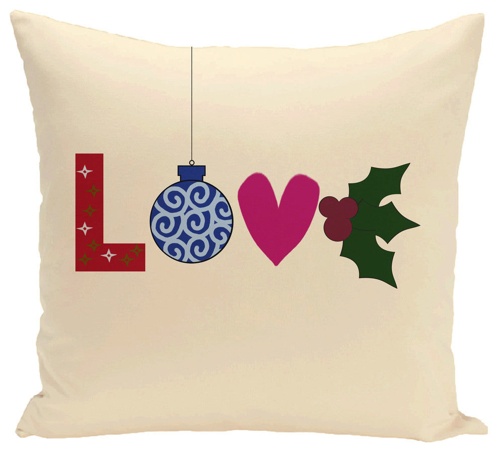 Love!, Decorative Holiday Word Print Pillow, Ivory And Cream, 18"x18"