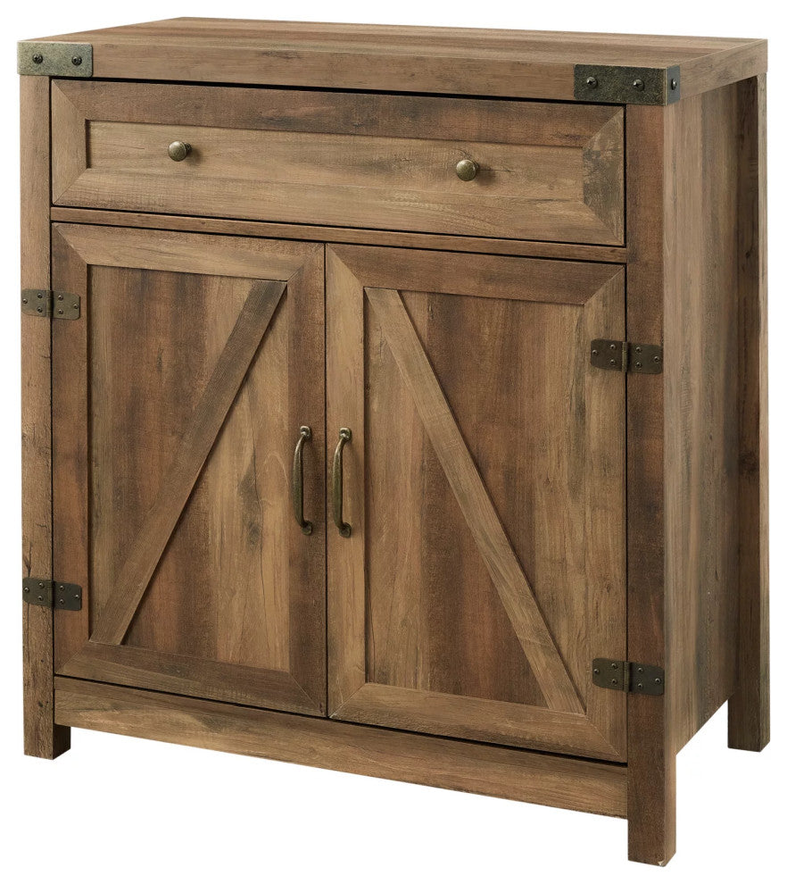 Farmhouse Storage Cabinet, 2 Barn Doors & Large Drawer With Metal Knobs, Brown