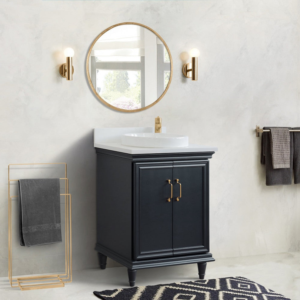 25" Single Vanity, Dark Gray Finish With Engineered Stone Top And Round Sink
