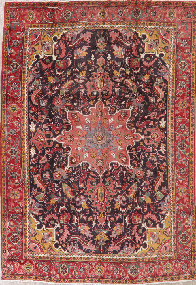 Consigned, Hand-Knotted Oriental Bordered Vintage Persian Area Rug, Black, 8X11