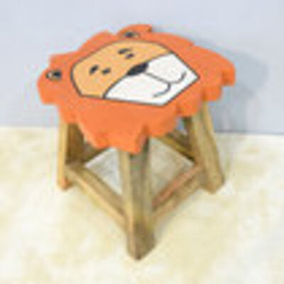 Handmade Mango Wood Kids Orange Color Lion Shaped Seat Indoor Stool, Orange