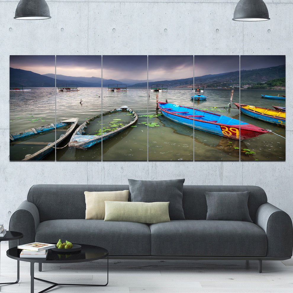 Boats near Pokhara Lake, Boat Canvas Art Print, 70"x28", 6 Panels