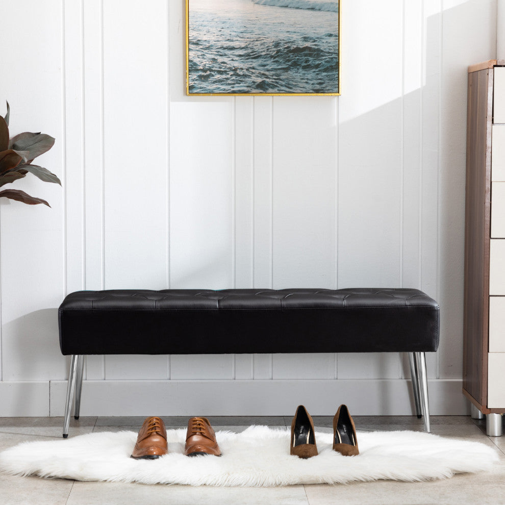 Button Tufts Bedroom Bench, Black-Pu Leather