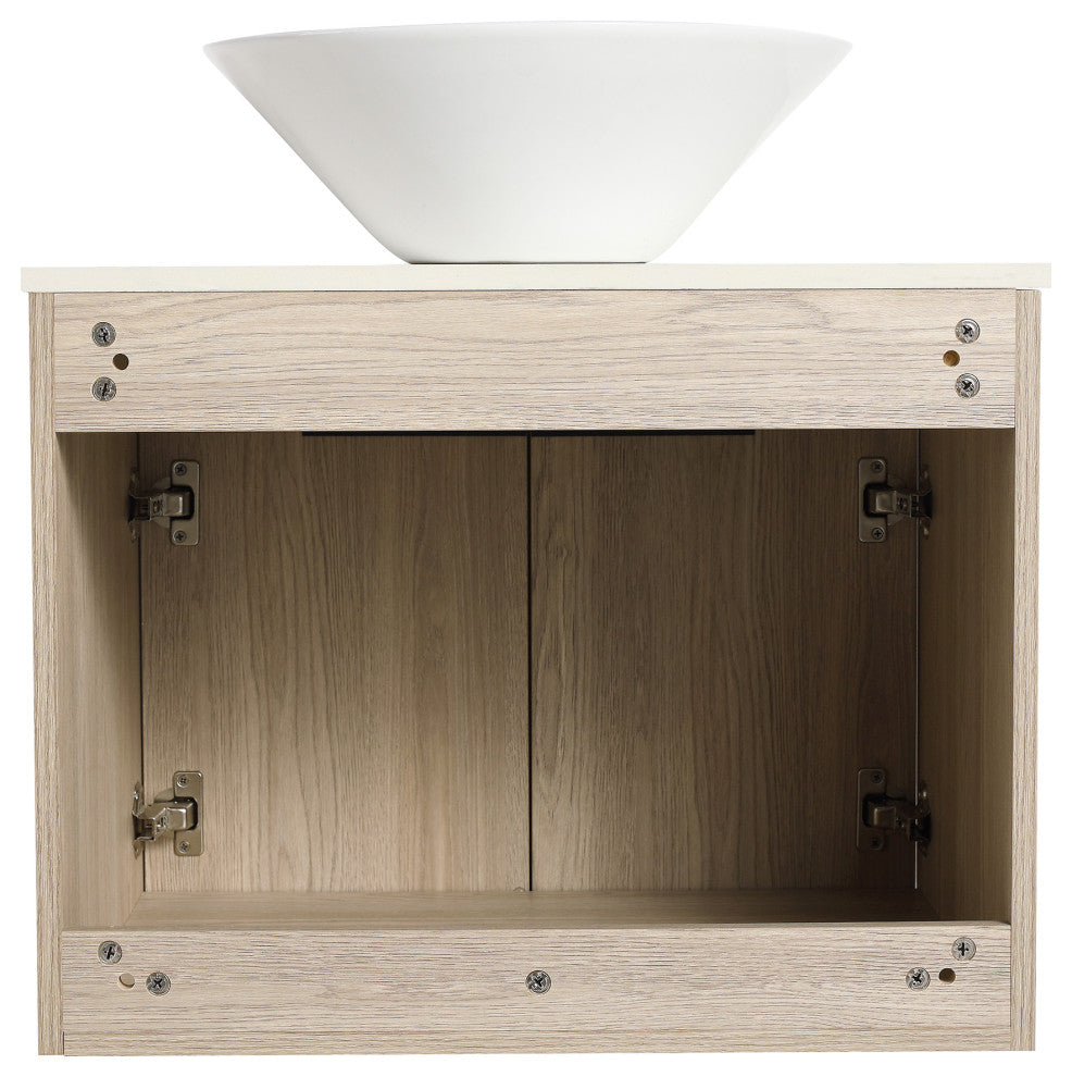Wall-Mounted Bath Vanity, White Oak, White Ceramic Vessel Sink