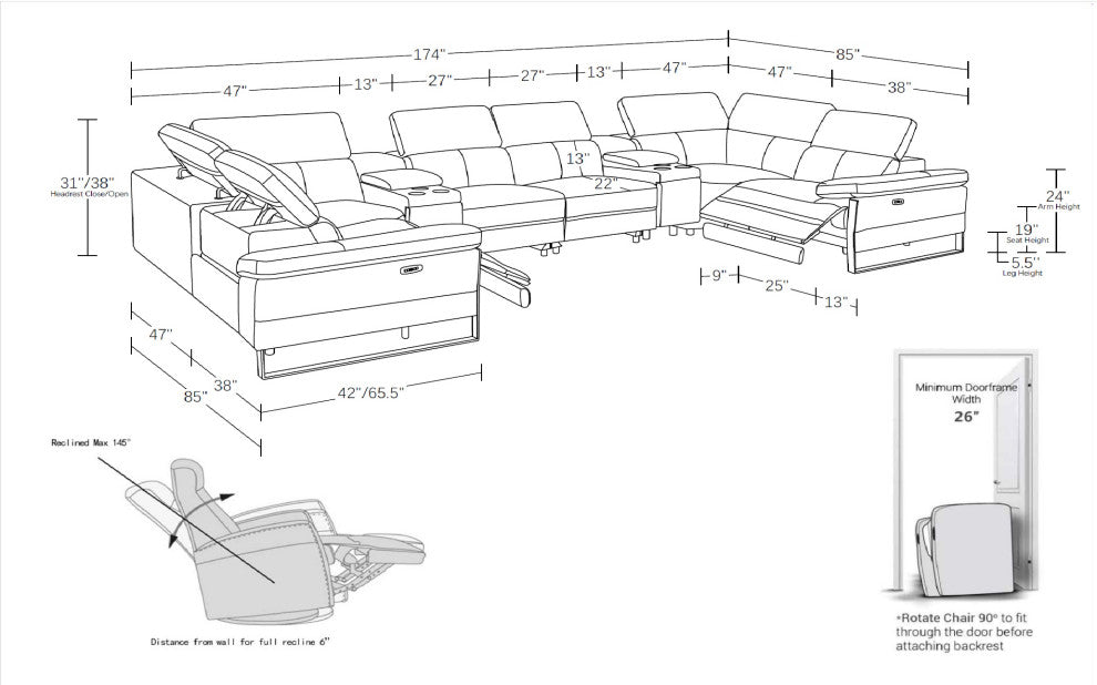 Antonio Italian Leather 8-Piece U-Shaped Power Reclining Sectional, Camel