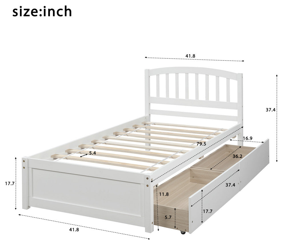 Gewnee Wood Twin Platform Bed with Storage Drawers in White