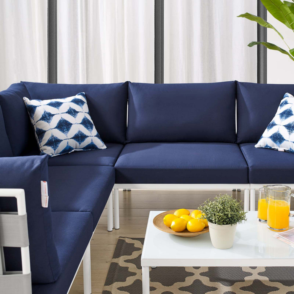 Sectional Sofa Chair Table Set, Sunbrella, Aluminum, Gray Blue Navy, Outdoor