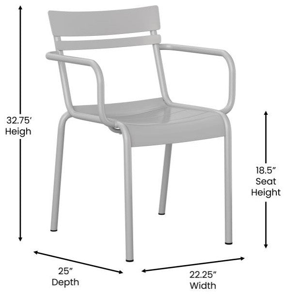 Nash Commercial Grade Steel Indoor-Outdoor Stackable Chair with 2 Slats and Arms, Silver