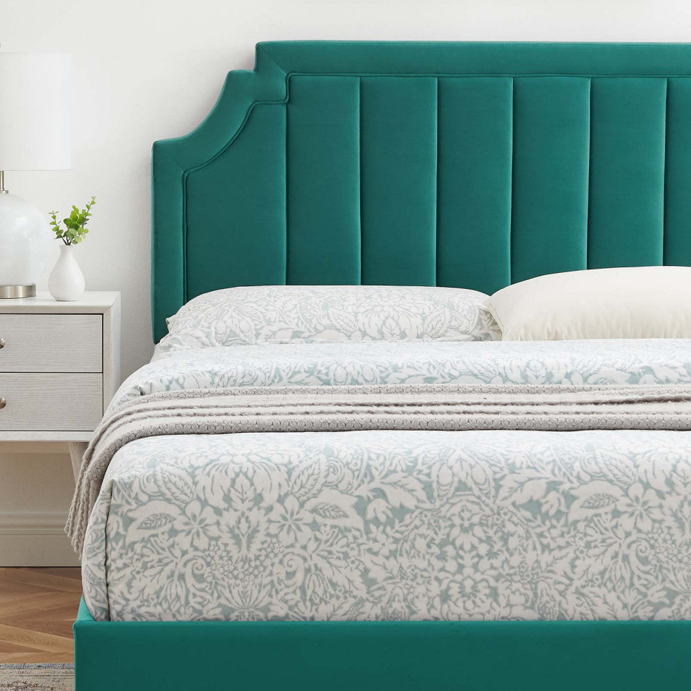 Platform Bed Frame, King Size, Velvet, Teal Blue, Modern Contemporary, Bedroom