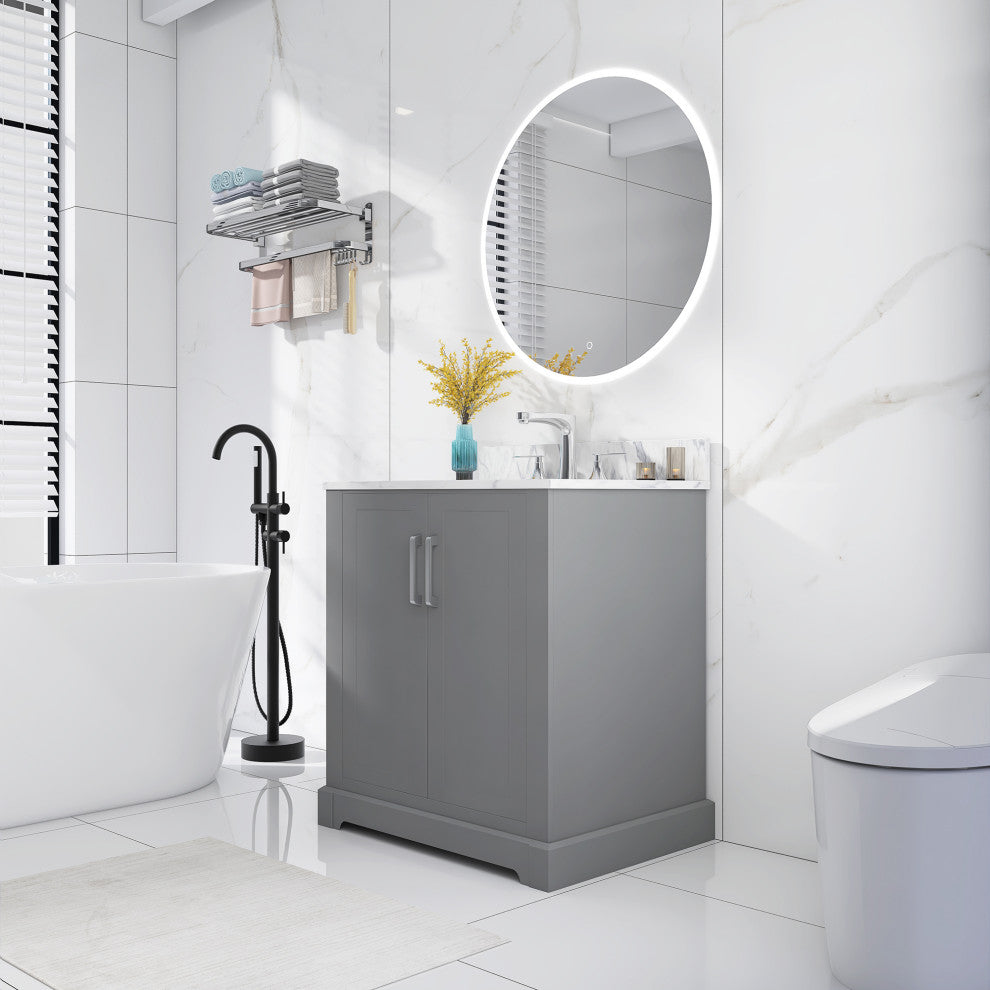 30" W x 22" D x 33" H Bath Vanity, Grey With Carrara White Marble