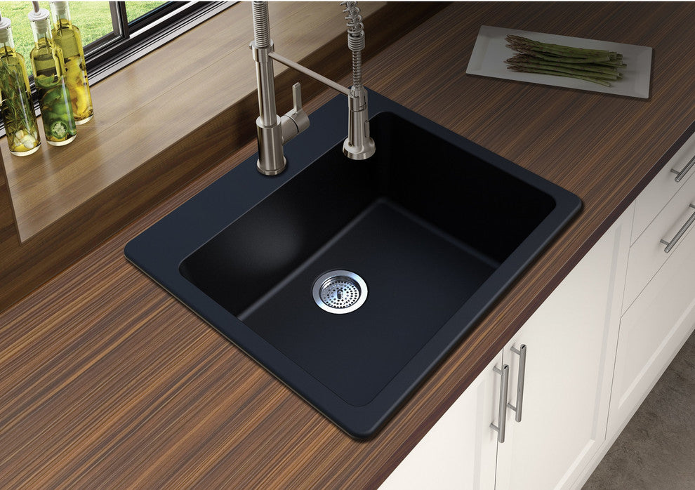 Winpro Dual-Mount Kitchen Sink, Single Bowl, Granite Quartz, 25", Black