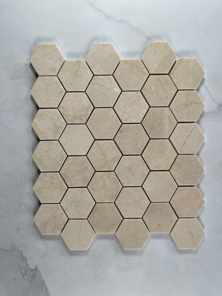 Crema Marfil Marble 2 inch Hexagon Mosaic Tile Polished, 1 sheet