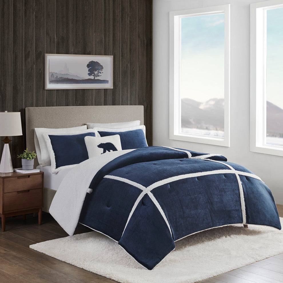 Woolrich Orlen Winter Cabin Plush to Sherpa Comforter Set, Navy Blue
