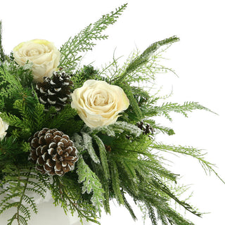 Rose, Evergreen and Cedar Holiday Arrangement in a Ceramic Pot