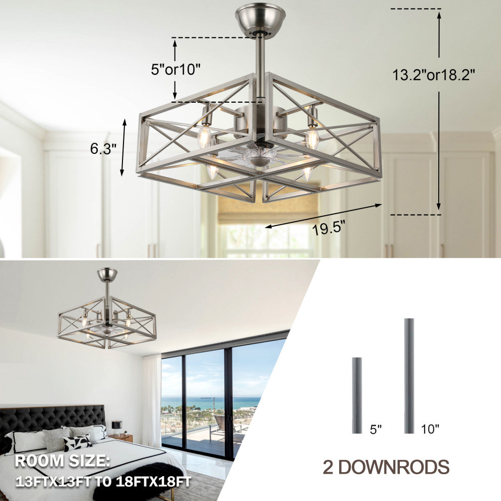 20" Cube Chrome Steel Caged Ceiling Fan With Lights, 4-Bulb With Remote Control