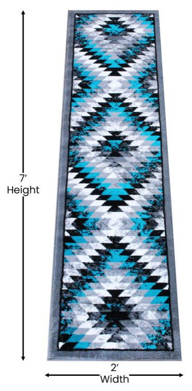 Teagan Collection Southwestern Area Rug - Olefin Rug with Jute Backing, Turquoise, 2' X 7'