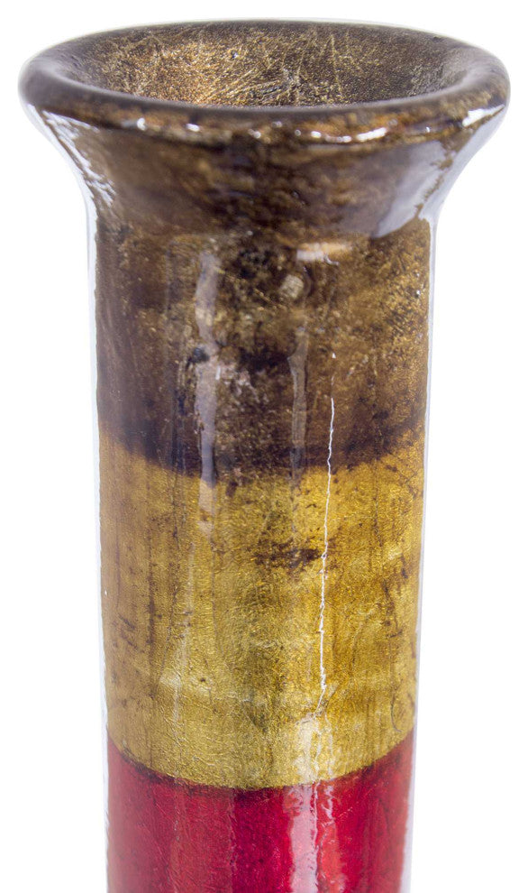 HomeRoots Bongo Brown Gold Red Pewter Ceramic Lacquer Stripe Tubed Vase