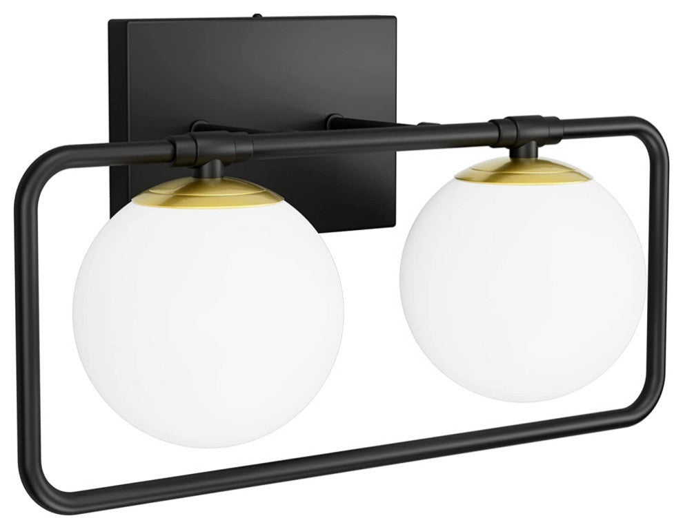 2-Light Mid Century Wall Lights Black and Gold Vanity Light With Milky White