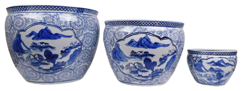 Blue and White Asian Porcelain Garden Pot Painted Landscape, 10