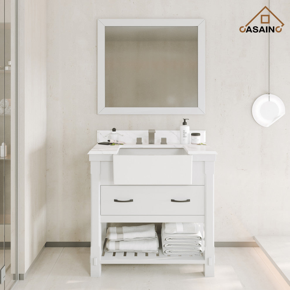 Freestanding Bath Vanity in White with White Quartz Top, 36in