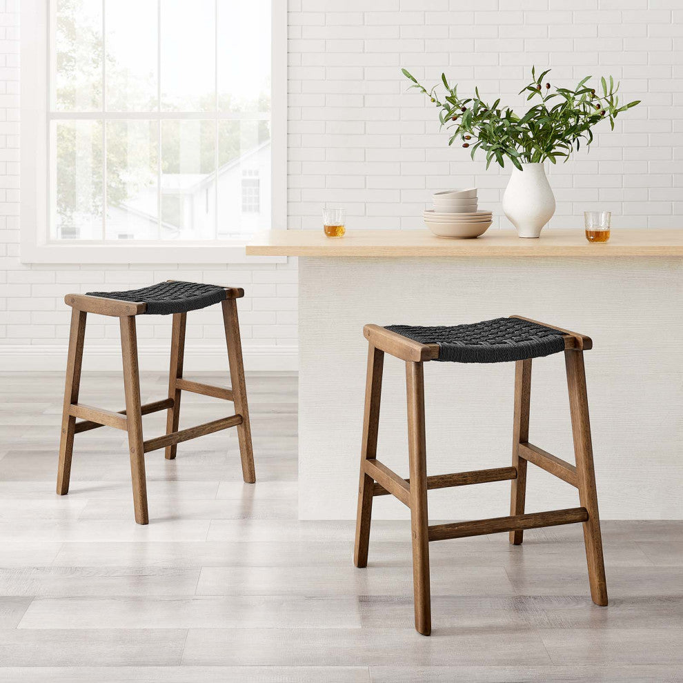 Saoirse Woven Rope Wood Counter Stool - Set of 2 - Walnut Black