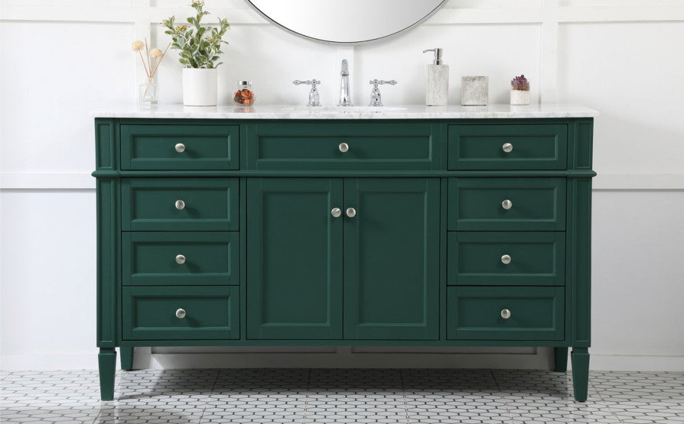 Home Living Vanity with Carrara White Marble Countertop, Green, 60", Single Sink